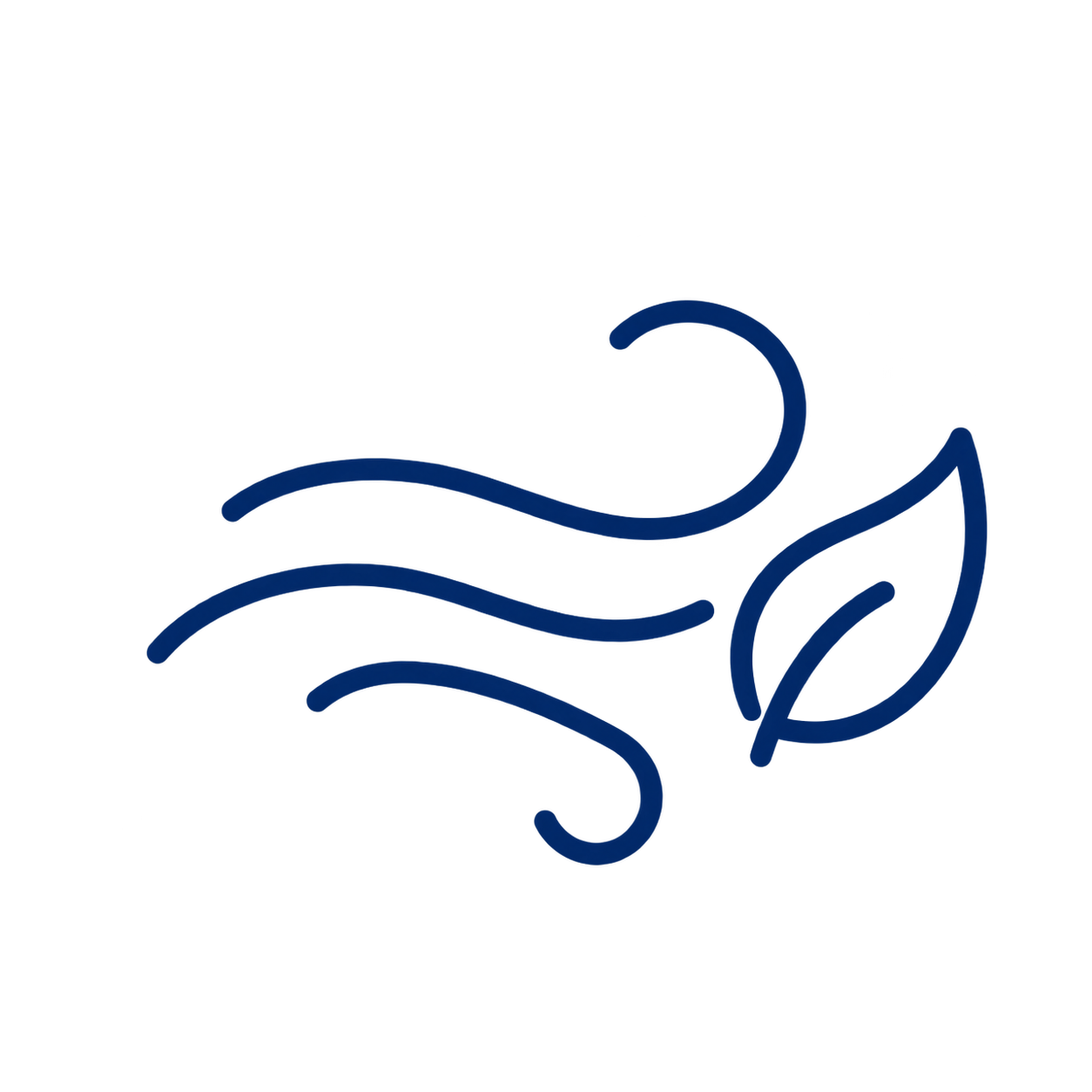 Blaue Windlinien, die an einem grünen Blattsymbol vorbeiziehen