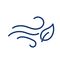Blaue Windlinien, die an einem grünen Blattsymbol vorbeiziehen