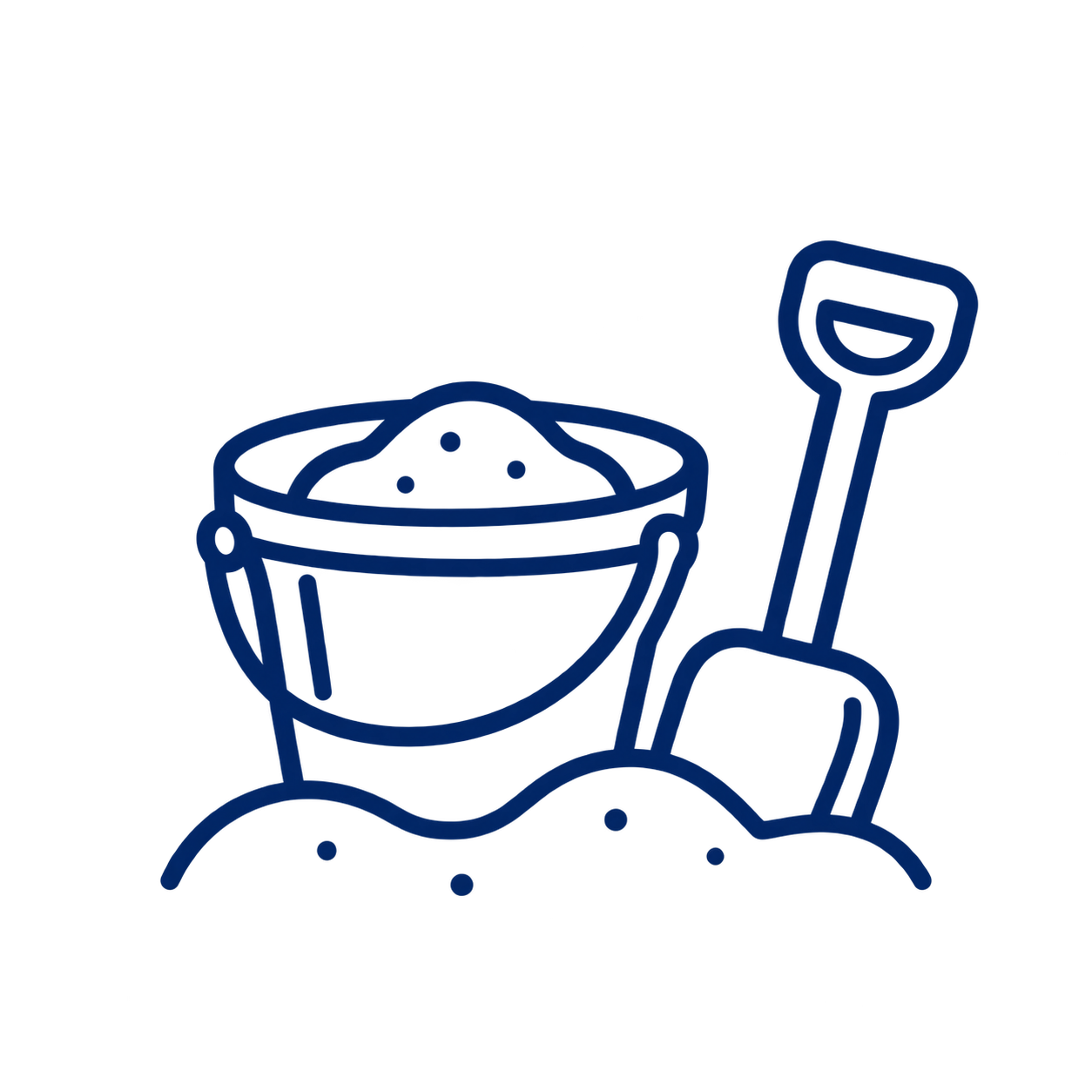 Blaues Linien-Icon eines Sandeimers mit Schaufel im Sand
