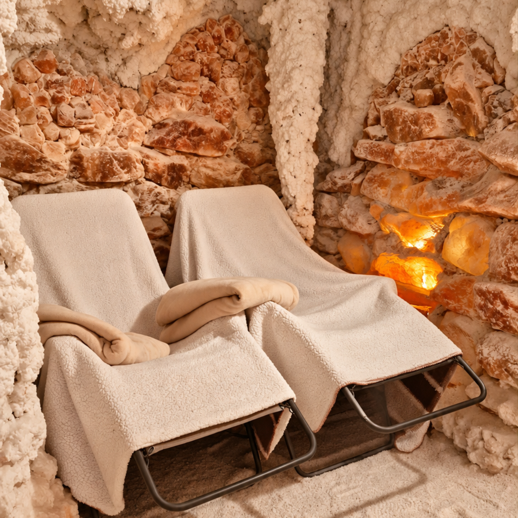 Zwei beigefarbene Liegestühle mit gefalteten Handtüchern in einer von sanftem Licht erfüllten Spa-Höhle aus Stein