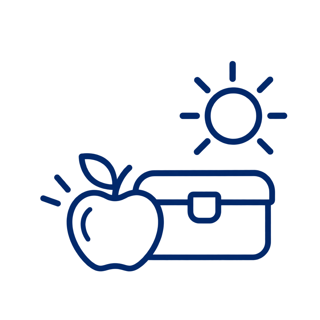 Blaues Linien-Icon mit einem Apfel, einer Lunchbox und einer Sonne auf weißem Hintergrund