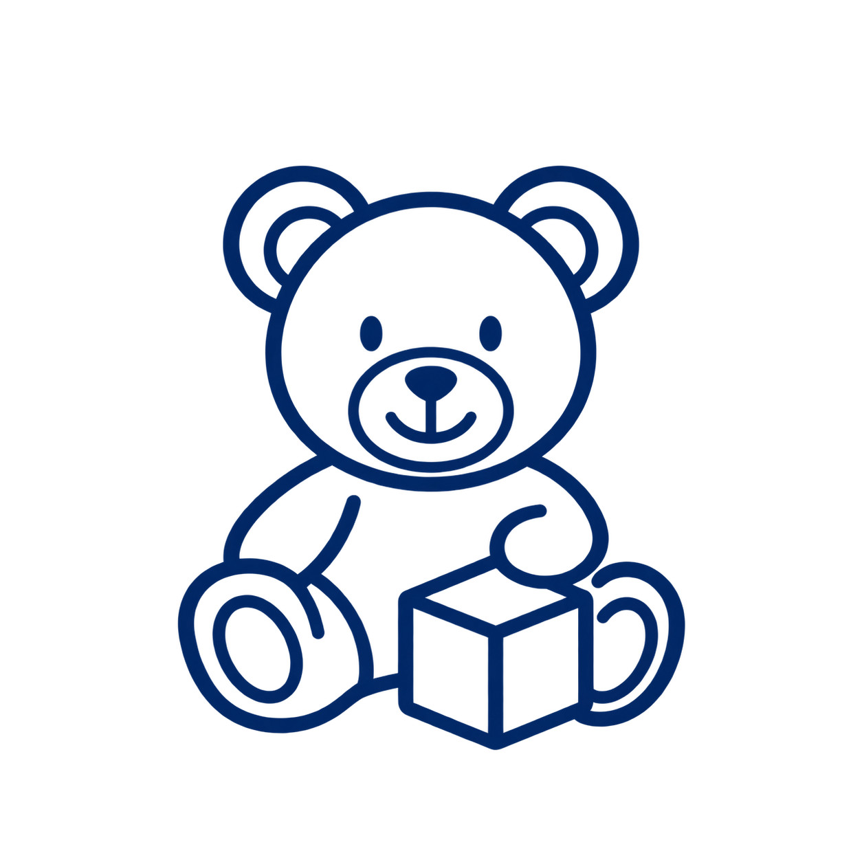 Blau umrandeter Teddybär, der einen kleinen Würfel hält