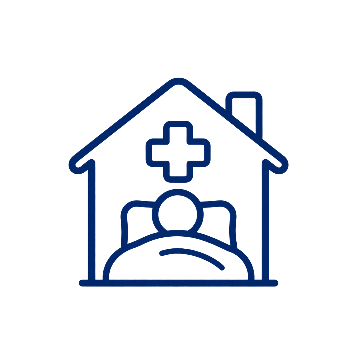 Blaues Linien-Symbol eines Hauses mit einem medizinischen Kreuz und einer Person im Bett darin