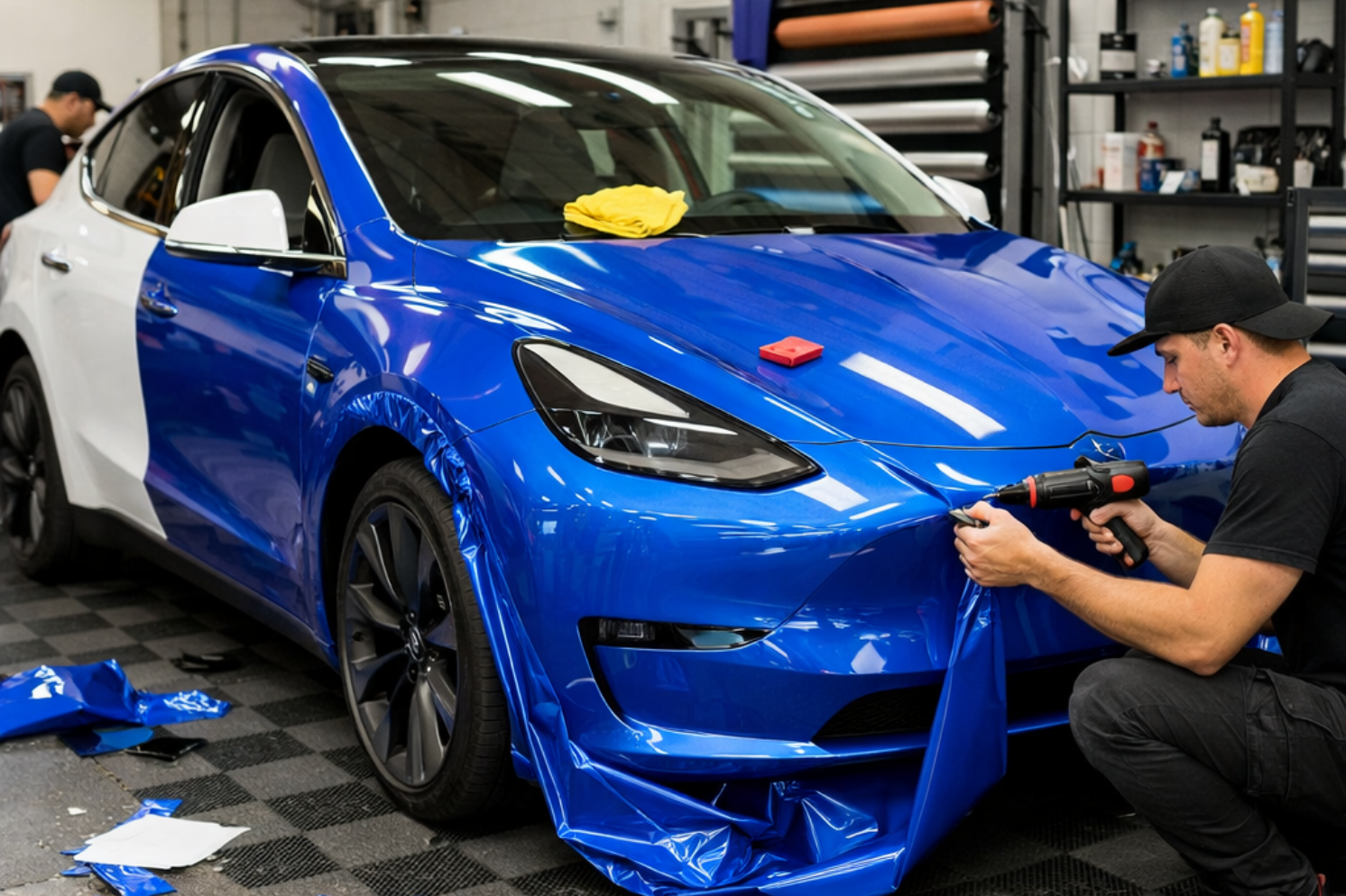 Person polishing red car hood with a microfiber cloth.