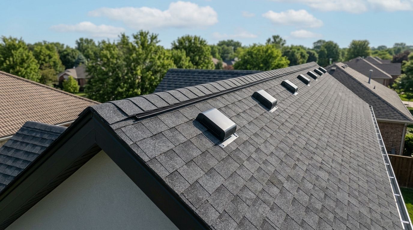 Black shingle roof with skylights on a suburban house under a blue sky