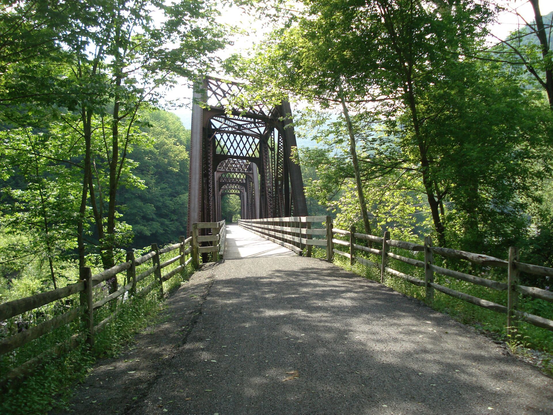 A bridge over a river surrounded by trees and a wooden fence.