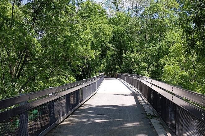 A bridge over a river surrounded by trees on a sunny day.