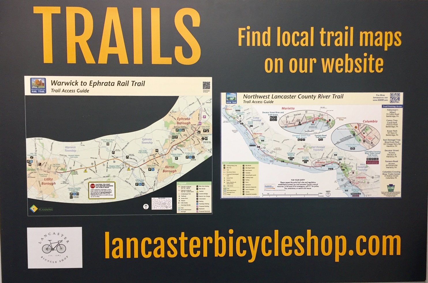 A sign that says trails find local trail maps on our website