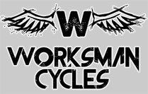 A black and white logo for workman cycles with a pair of eyes.