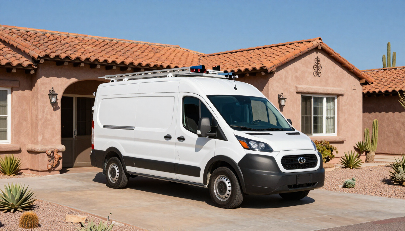 Modern mobile auto glass service van in an Arizona neighborhood