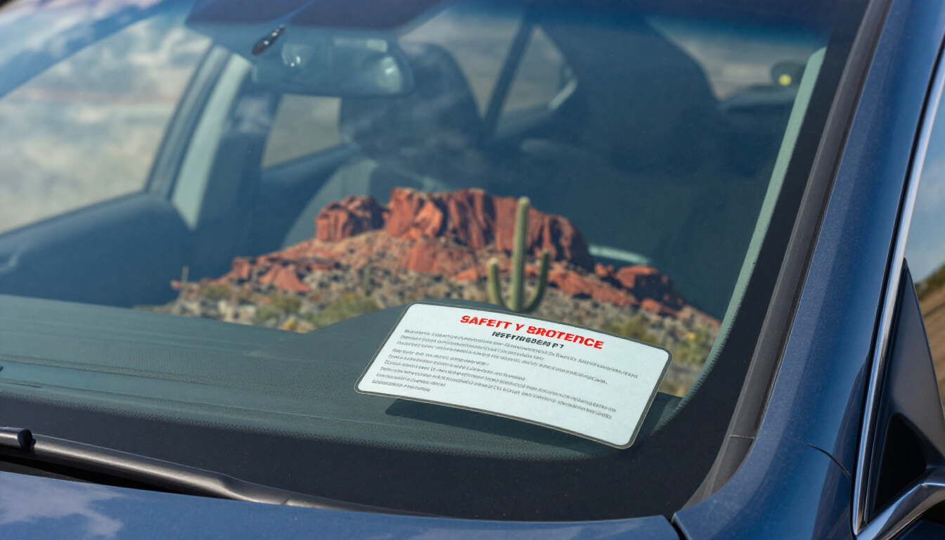 Close up of a newly installed windshield with a reflection of the Arizona sky