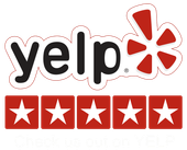 Yelp logo with five red star ratings. The logo is red and white. Yelp logo with five red star ratings. The logo is red and white.