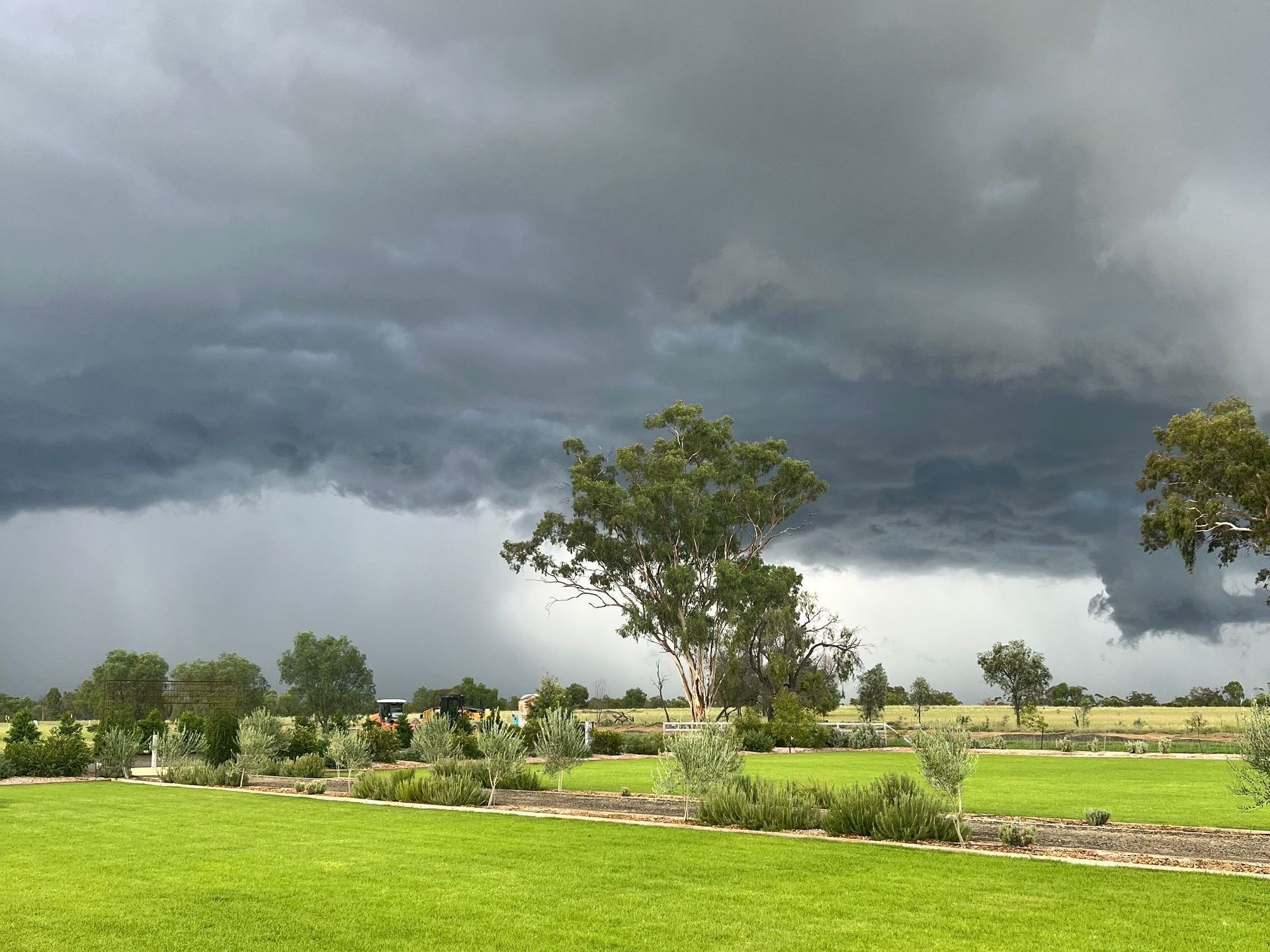 A storm is coming in over a grassy field with trees in the foreground.