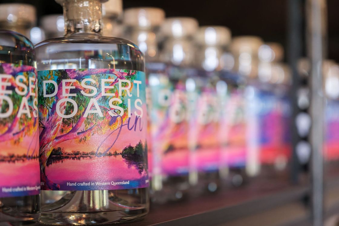 A line up of bottles of Desert Oasis Gin.