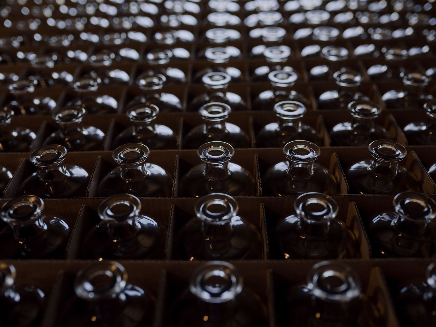 A bunch of empty glass bottles in a box