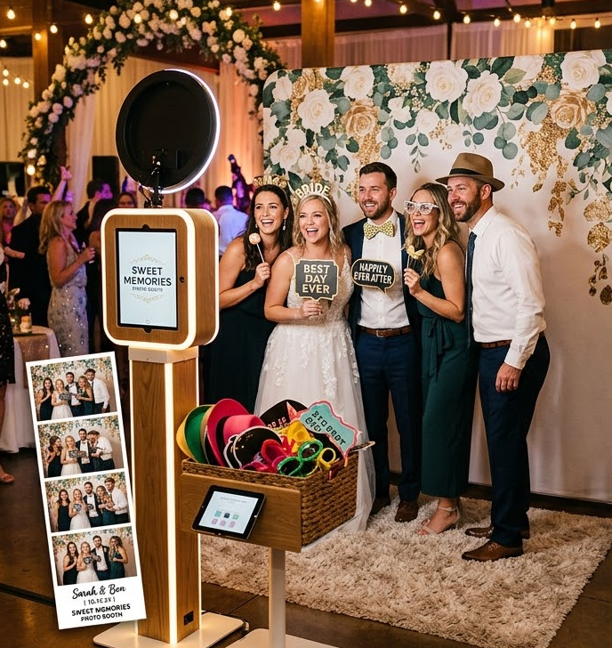 Four people posing at a wedding photo booth with props and floral backdrop