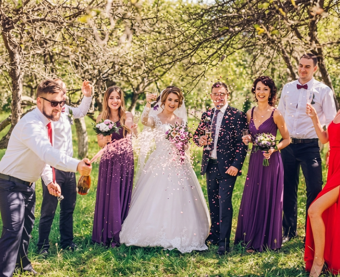 Wedding party outdoors, bride and groom centered as guests toss flower petals in a sunny garden.