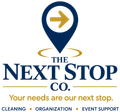 Logo for The Next Stop Co. with navy pin icon, gold arrow, and text “Your needs are our next stop.”