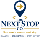 Logo for The Next Stop Co. with navy pin icon, gold arrow, and text “Your needs are our next stop.”