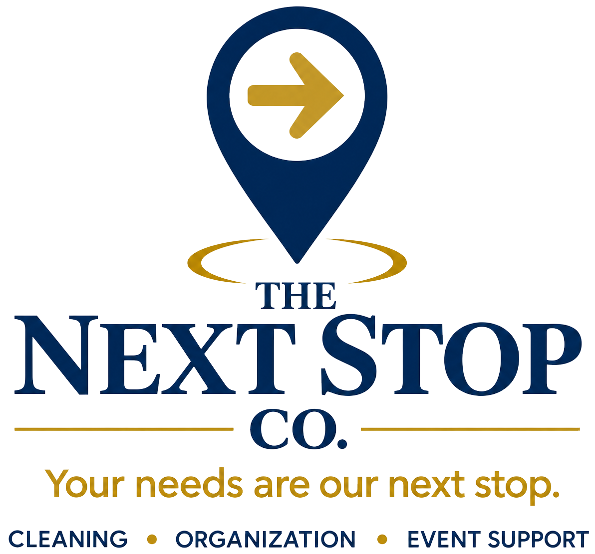 Logo for The Next Stop Co. with navy pin icon, gold arrow, and text “Your needs are our next stop.”