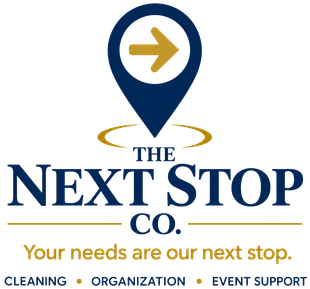 Logo for The Next Stop Co. with navy and gold map pin, arrow, and text “Your needs are our next stop.”