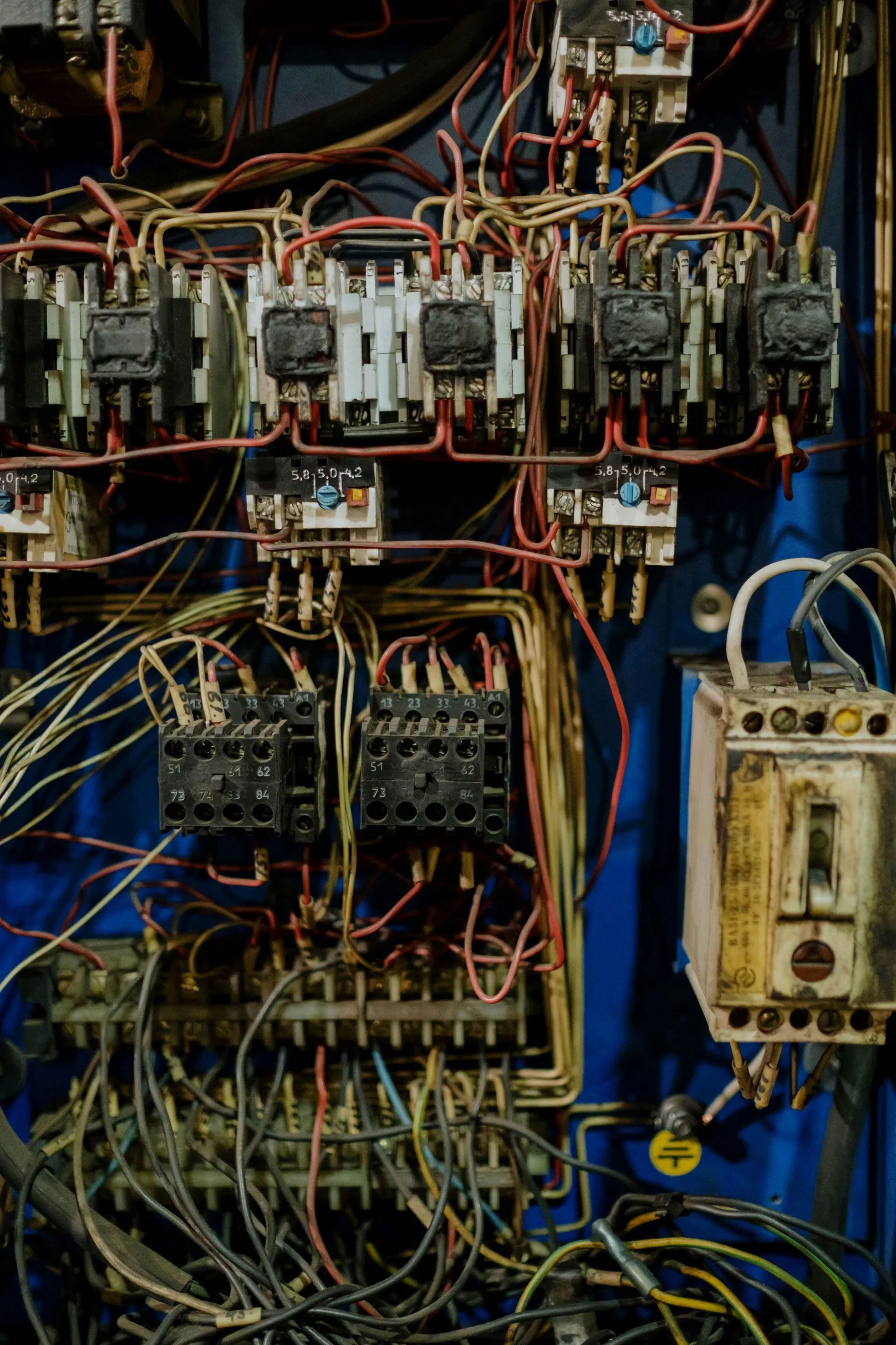 An Open Electrical Control Panel Featuring A Dense Network Of Multi-colored Wires