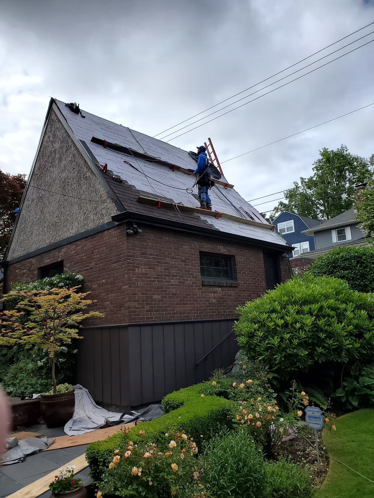 Brick house with a steep roof being repaired by a worker on the roof, viewed from a garden