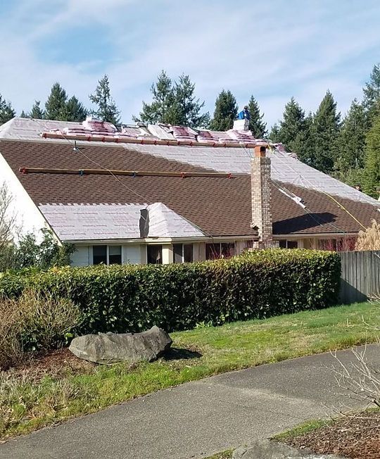 Suburban house with brown roof, chimney, hedges, and a sidewalk in front