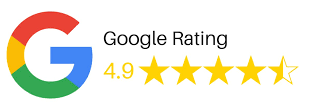 Blue rounded Google reviews button with Google logo and the text “Check Out Our Reviews on Google”