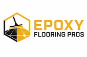 Epoxy Flooring Pros logo with black and gold flooring icon, coating tool design, and clean professional branding.