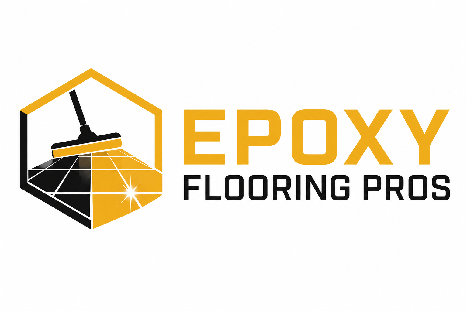 Epoxy Flooring Pros logo with black and gold flooring icon, coating tool design, and clean professional branding.