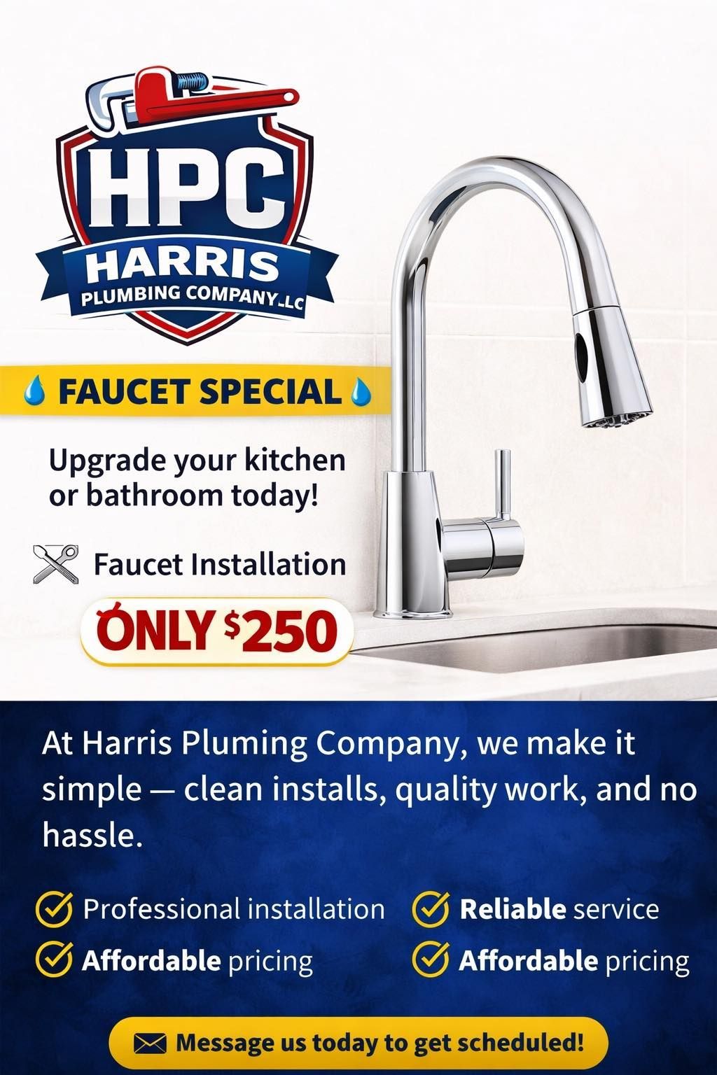 HPC Harris faucet installation ad with chrome kitchen faucet and $250 offer