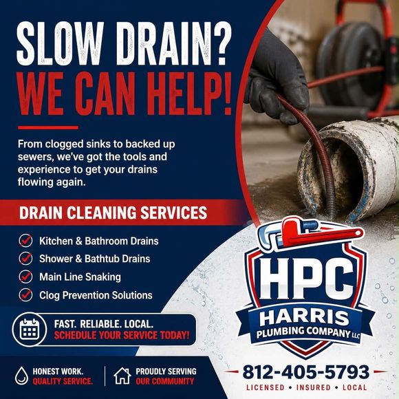 Slow drain plumbing ad with blue-red design, hose cleaning a pipe, and Harris Plumbing Company logo and phone number