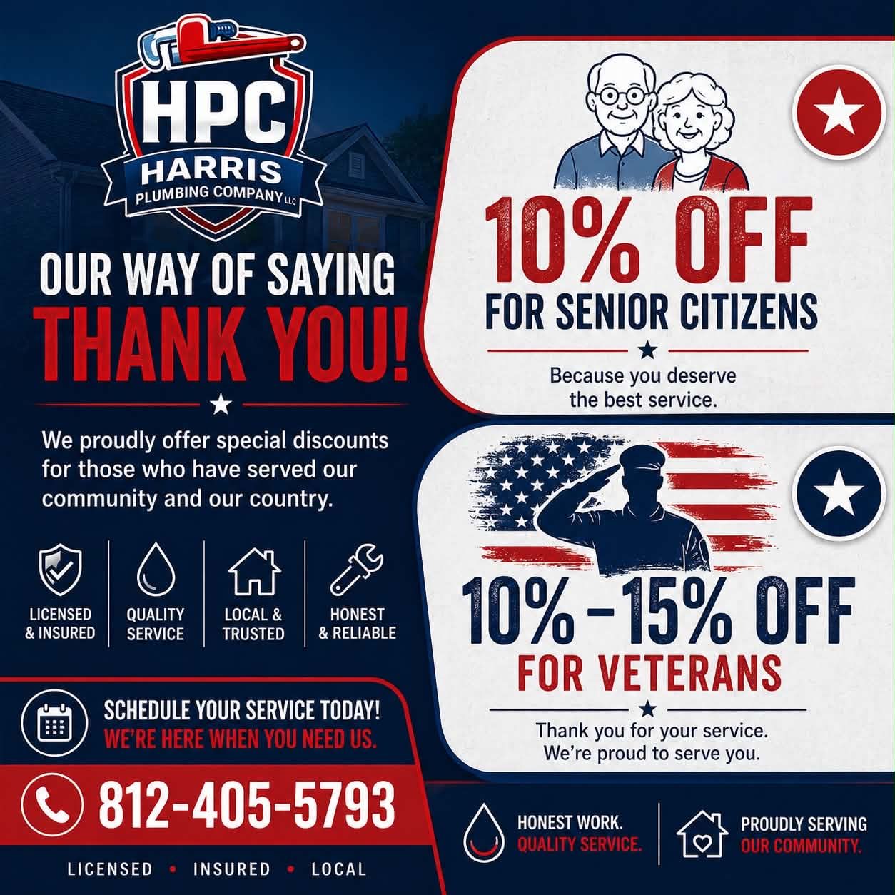HPC Harris flyer: 10% off seniors, 10–15% off veterans, with phone number and service icons on red and blue background