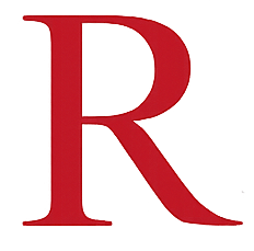Red serif letter R on a white background