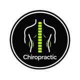 Chiropractic logo with a white spine on black circle and green accents