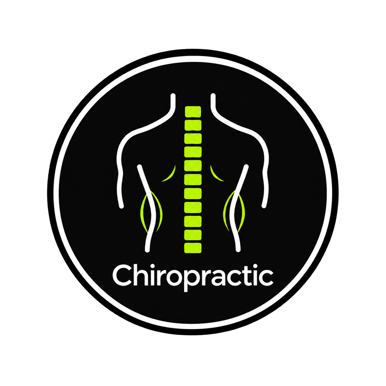 Chiropractic logo with a white spine on black circle and green accents