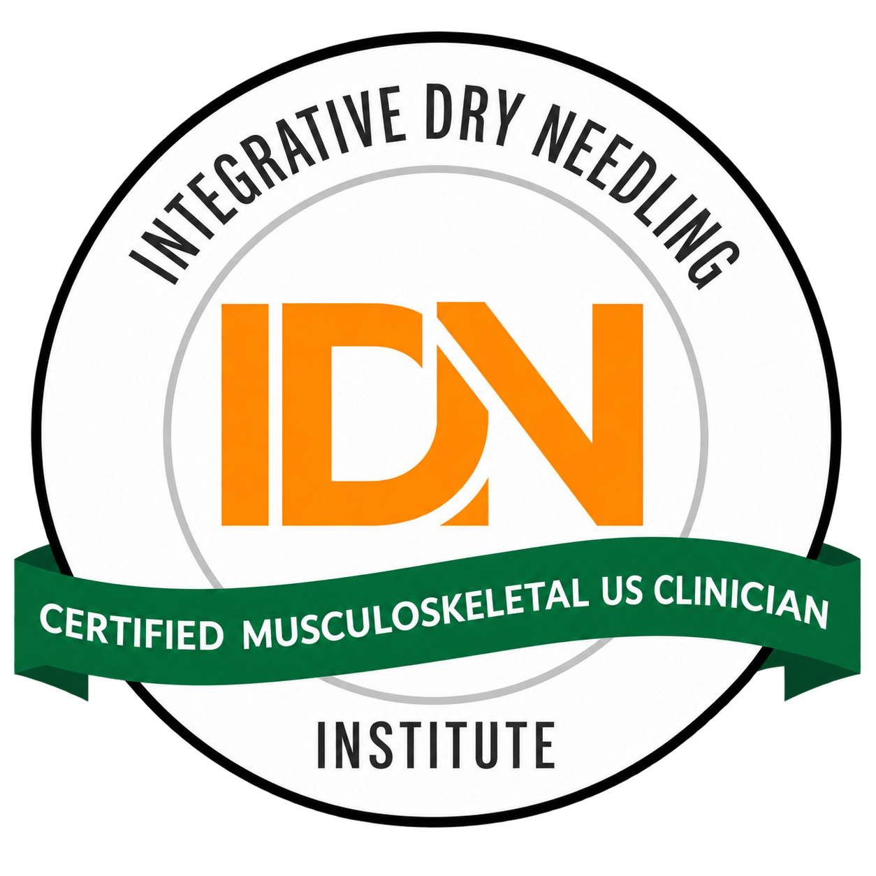 Logo for Integrative Dry Needling Institute with orange IDN letters and green certified musculoskeletal US clinician ribbon