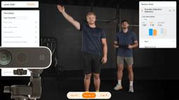 Workout app screen with two people exercising, stats panel, and camera preview overlay