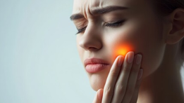 Woman holding her cheek with a glowing red spot, showing facial pain or toothache