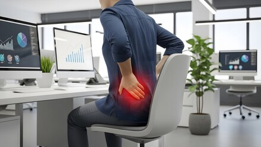 Office worker sitting at desk, clutching lower back with red pain glow, computer monitors nearby