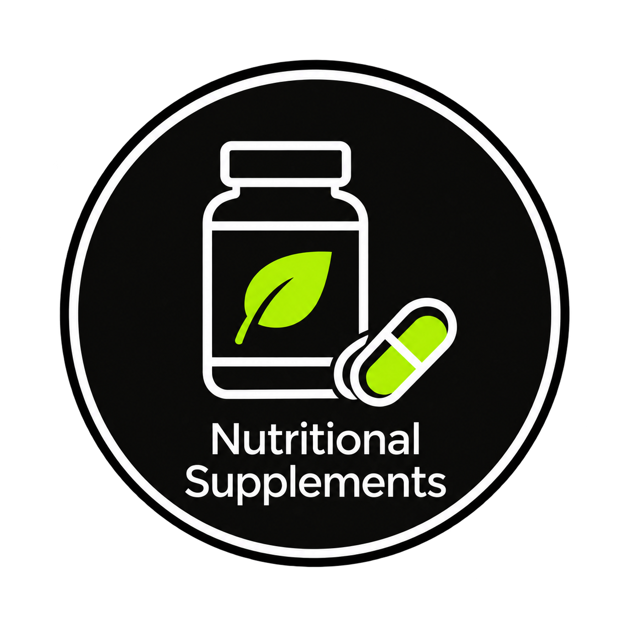 Black circular icon with white supplement bottle, green leaf and pill, labeled “Nutritional Supplements”