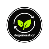 Black circular regeneration icon with green leaves and white circular arrows, labeled “Regeneration”