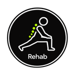 Black rehab icon with a person stretching, green spine dots, and the word “Rehab” below