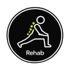 Black rehab icon with a person stretching, green spine dots, and the word “Rehab” below