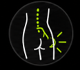 Black circular icon with a white spine, yellow pain lines, and arrows indicating back pain or chiropractic adjustment