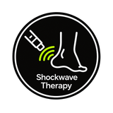 Shockwave therapy logo with green waves, a treatment device, and a foot on a black circle background