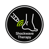 Shockwave therapy logo with green waves, a treatment device, and a foot on a black circle background