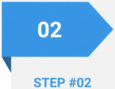 Blue arrow-shaped banner with “02” and “STEP #02” text on a white background