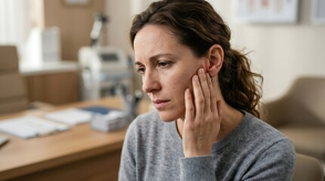 Person holding cheek with a pained expression in a home office setting